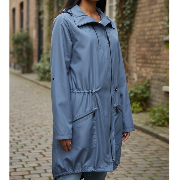 Elie Tahari Long Windbreaker Rain Coat Size M Full Zip Pockets Fishtail hem Blue - Picture 2 of 13